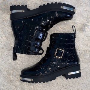 Black Faux Leather Croc Combat Boots